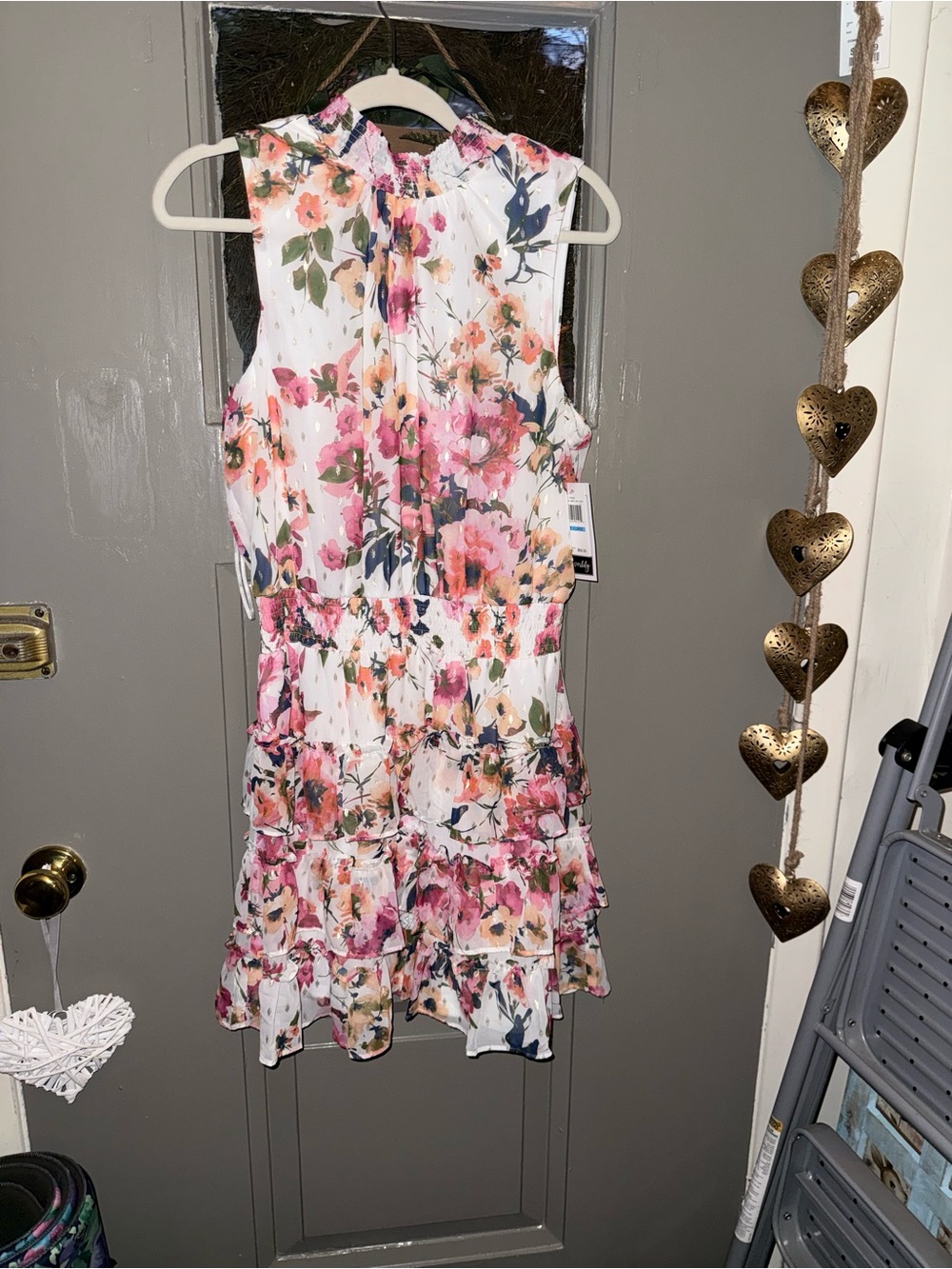 Everlily Floral Ruffled Sleeveless Dress - White with Pink Floral
